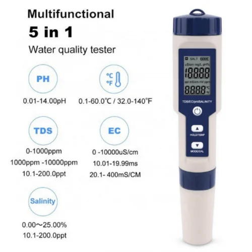 5 in 1 TDS, EC, pH, Salinity, Temperature Meter for Water Quality Testing - Image 2