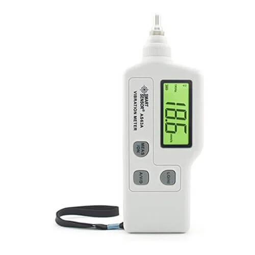 Specifications Technical parameter Technical specification Vibration pickup Piezoelectric ceramic accelerometer (shear-type) Measurement range of acceleration 0.1~199.9m/s² peak Measurement range of velocity 0.1~199.9mm/s rms Measurement range of displacement 0.001~1.999mm p-p Velocity and displacement range is limited by acceleration199.9m/s² Measurement accuracy ±5%±2digits Measurement frequency range of acceleration 10Hz~1KHz (LO) 1KHz~15KHz (HI) Measurement frequency range of velocity 10Hz~1KHz (LO) Measurement frequency range of displacement 10Hz~1KHz (LO) Displays update cycle 1 second LCD display 3 1/2 digits display Single output AC output 2 V peak (display full scale) Load impedance 10KΩor more earphones can be connected Power supply 9V Alkaline battery Static current ≤20μA Operating current ≤25mA Battery life 20 hours continuous use Auto power-off Turns off automatically in 60 seconds LCD backlight 7 seconds Operating temperature range 0~40℃ Operating humidity range 30~90%RH Low battery indication 6.9V±0.2V Dimensions 67x30x183mm Weight 182g ( including battery) Click for More Information